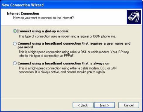 Connect using a dial up modem
