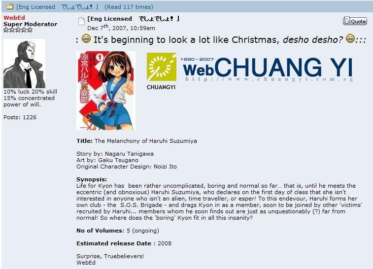 The Melanchony of Haruhi Suzumiya Manga Licensed By Chuang Yi!!!!