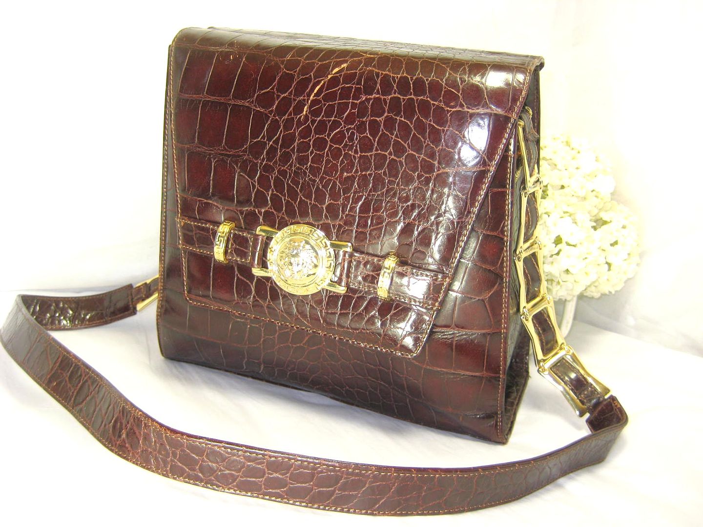 Vintage Gianni Versace Croc Stamped Leather Brown Shoulder Bag  