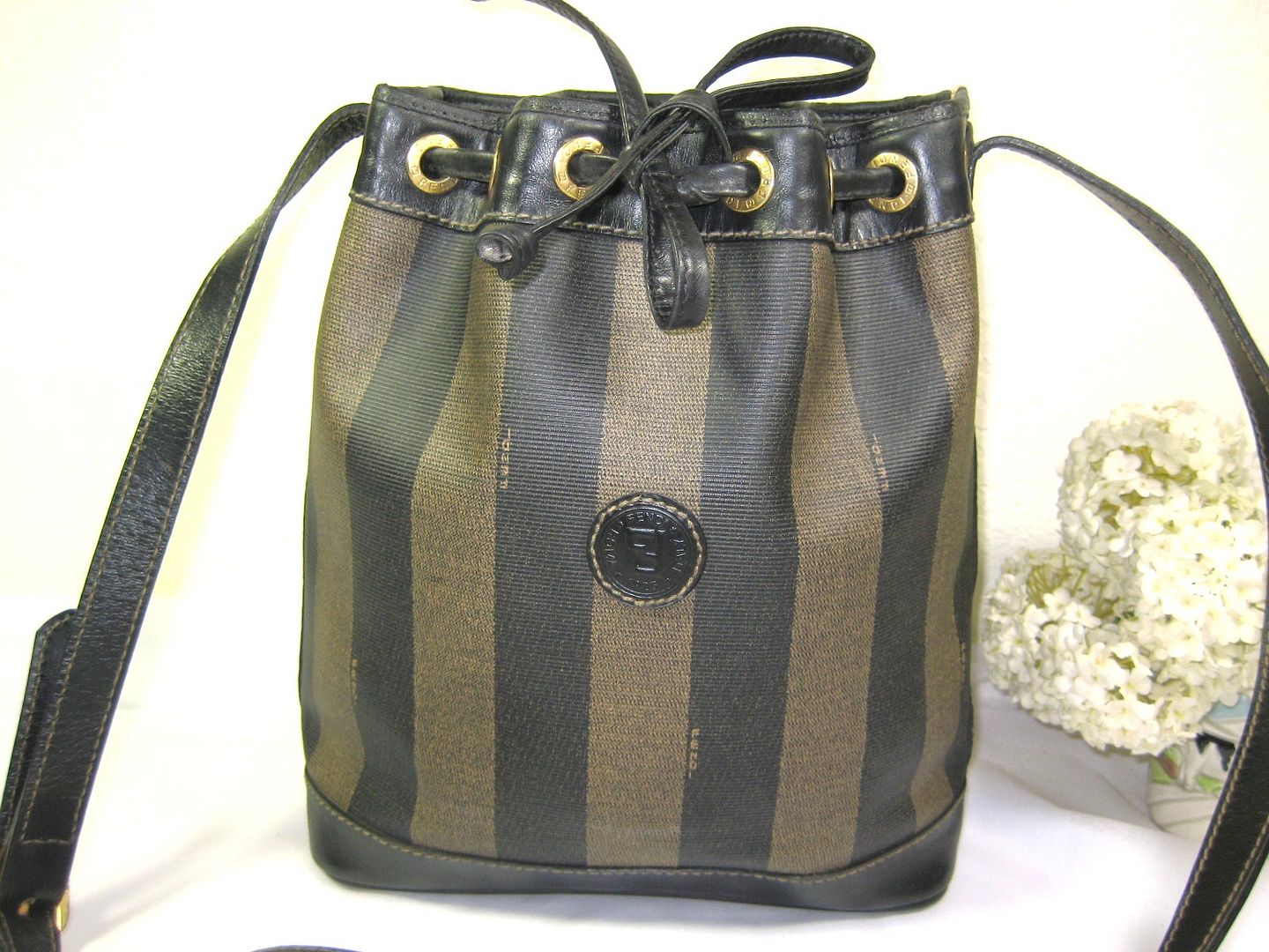 Vintage FENDI Coated Canvas Drawstring Bucket Shoulder Bag Italy 