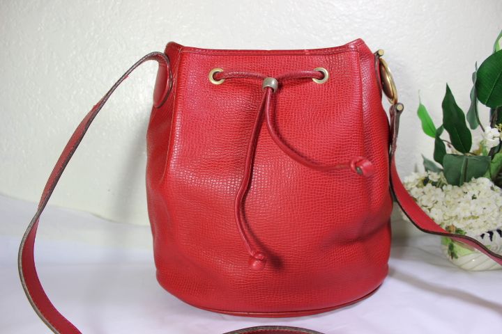 Vintage Christian DIOR RED Leather Bucket Drawtop Shoulder Bag France ...