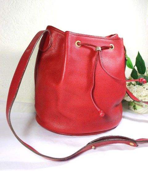 Vintage Christian DIOR RED Leather Bucket Drawtop Shoulder Bag France ...