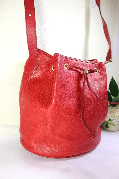 Vintage Christian DIOR RED Leather Bucket Drawtop Shoulder Bag France ...