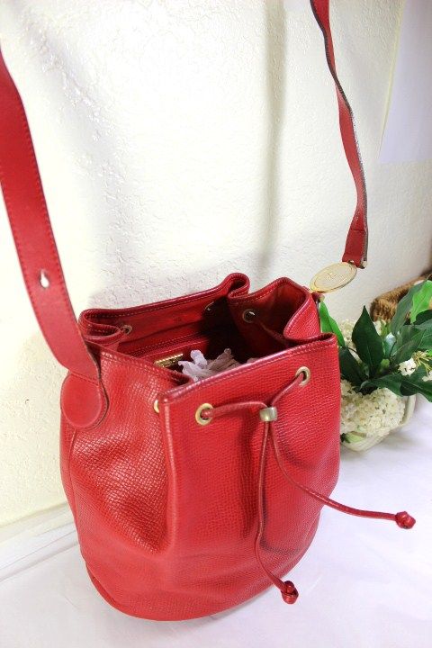 Vintage Christian DIOR RED Leather Bucket Drawtop Shoulder Bag France ...