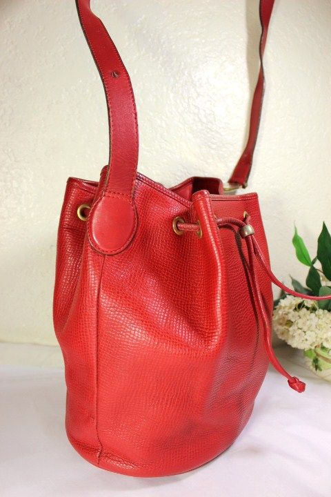 Vintage Christian DIOR RED Leather Bucket Drawtop Shoulder Bag France ...